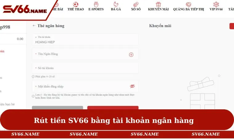 Rút tiền SV66 bằng tài khoản ngân hàng